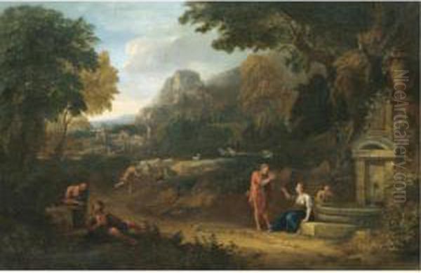 An Italianate Landscape With 
Figures Drinking From A Well And A Shepherd Boy Droving His Flock Beyond Oil Painting by Peter Tillemans