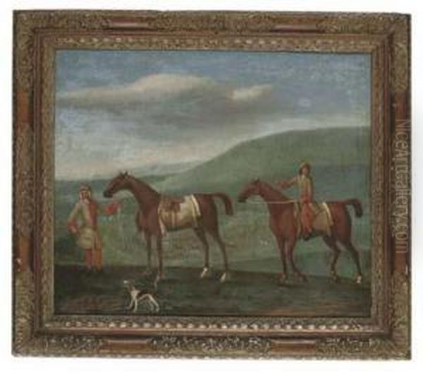 Two Royal Mares, One Held By Its Rider, The Other With Jockey Up, A Racecourse Beyond Oil Painting by Peter Tillemans