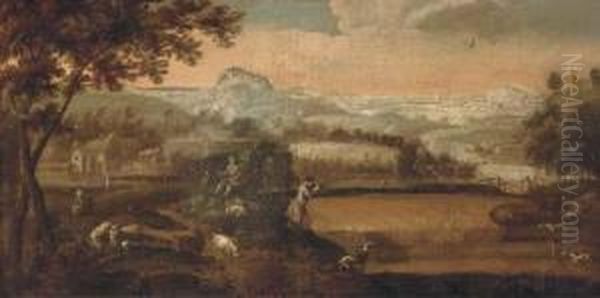 Figures Hunting In An Extensive Landscape Oil Painting by Peter Tillemans