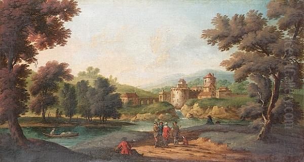 A Wooded River Landscape With 
Figures Resting Beside A Path; And A Wooded River Landscape With Figures
 On A Path And A Walled Village Beyond Oil Painting by Peter Tillemans