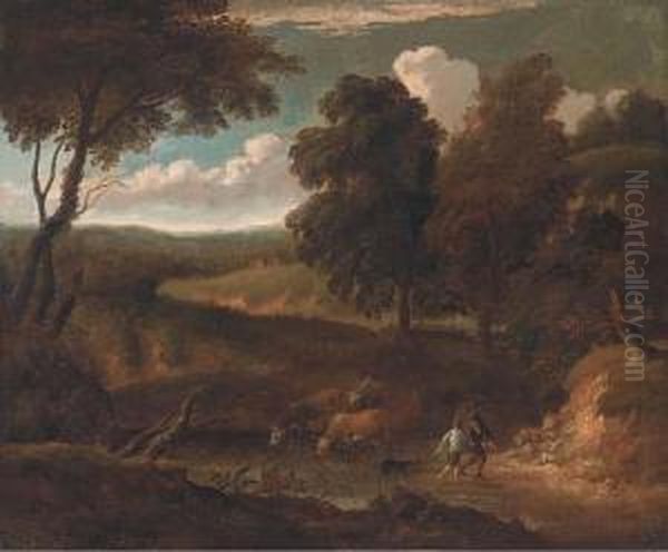 A Wooded Track With Cattle Drinking At A River And Figures With Adog Oil Painting by Peter Tillemans