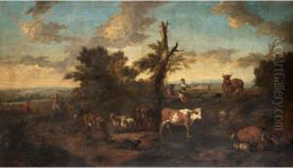 An Italianate Landscape With Drovers And Their Animals Oil Painting by Peter Tillemans