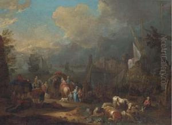 An Italianate Harbour With Peasants And Elegant Figures By Afrigate Oil Painting by Peter Tillemans