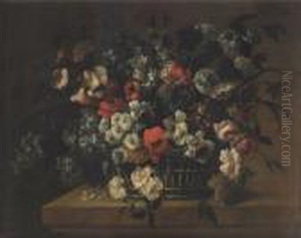 Roses, Snowballs, Lilac, 
Carnations, Narcissi And Other Flowers In A Basket Upon A Stone Ledge Oil Painting by Peter Tillemans