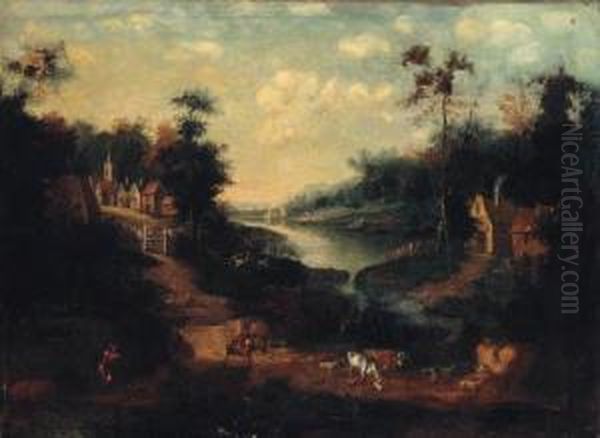 A River Landscape With Drovers On A Track Outside A Village Oil Painting by Peter Tillemans