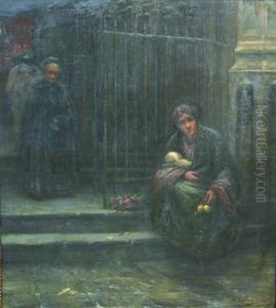 Arme Bloemenverkoopster Aan De Uitgang Van De Kerk. Oil Painting by Henri Timmermans