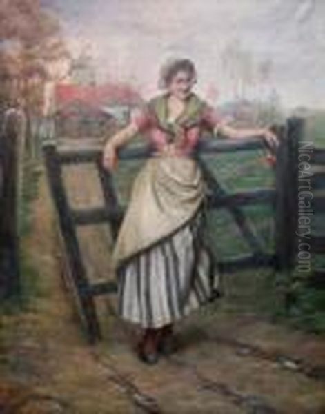 Bergere Devant Une Ferme Avec Un Moulin A Vent. Oil Painting by Henri Timmermans