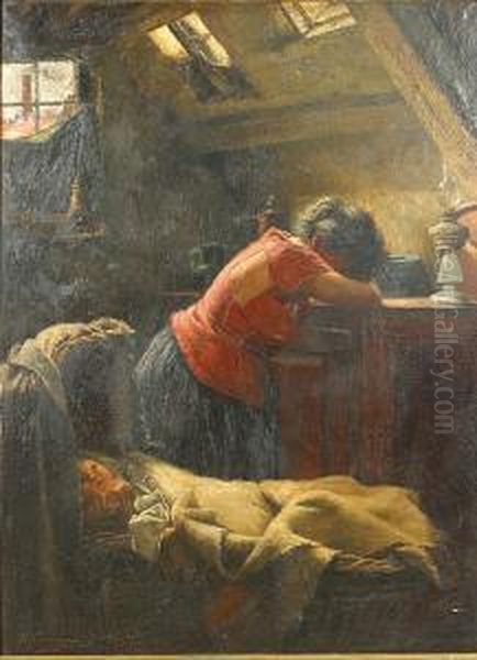 Moeder En Kind In Een Interieur. Oil Painting by Henri Timmermans