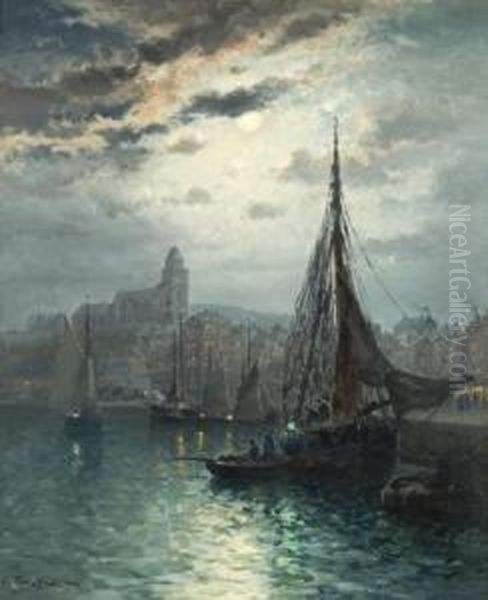 Le Treport : Effet De Lune Sur Le Port Oil Painting by Louis Timmermans