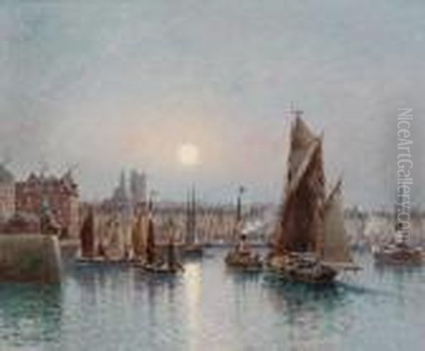 Coucher De Soleil Dans Le Port Hollandais Oil Painting by Louis Timmermans