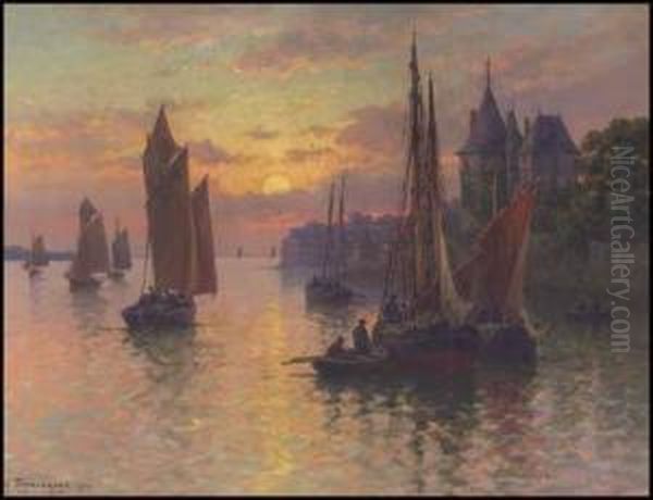 Sailboats At Sunset Oil Painting by Louis Timmermans