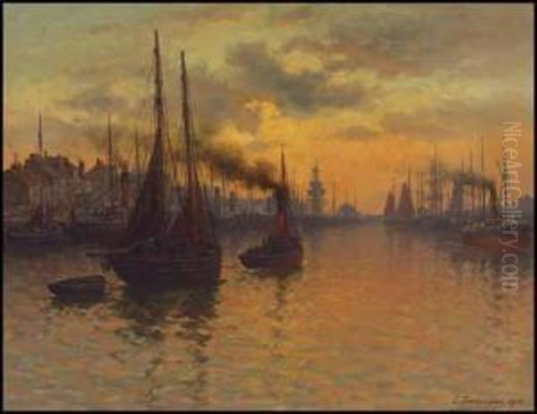 Tall Ships And Tugboats In Harbour At Sunset Oil Painting by Louis Timmermans