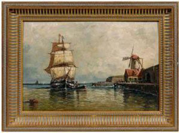 Boats In Harbor Oil Painting by Louis Timmermans