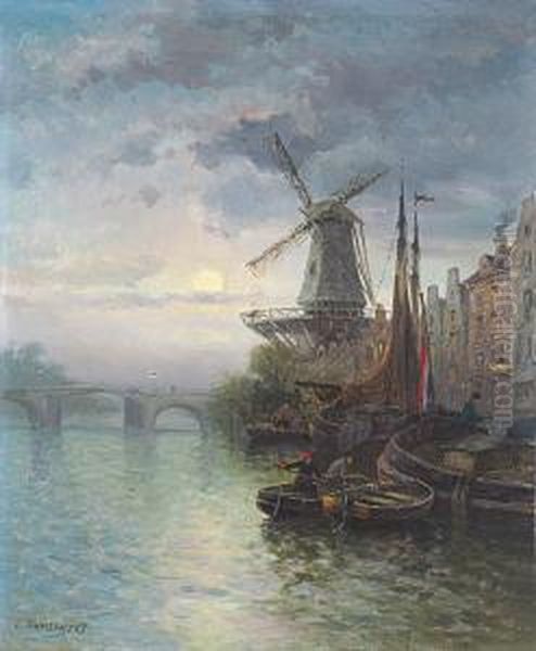 View On A Harbor In The Moonlight Oil Painting by Louis Timmermans