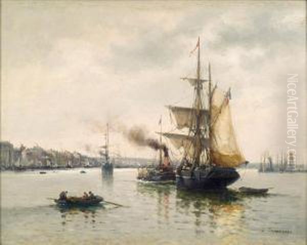 Etienne Bateaux Dans Le Port Huile Sur Panneau Signee En Bas A Droite Oil Painting by Louis Timmermans