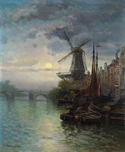 Havenzicht Bij Maneschijn Oil Painting by Louis Timmermans