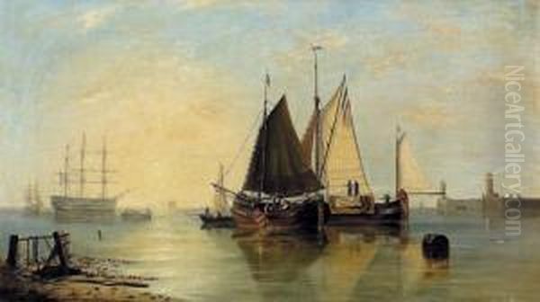 Hollandische Hafenpartie Mit Segelschiffen. Oil Painting by Louis Timmermans