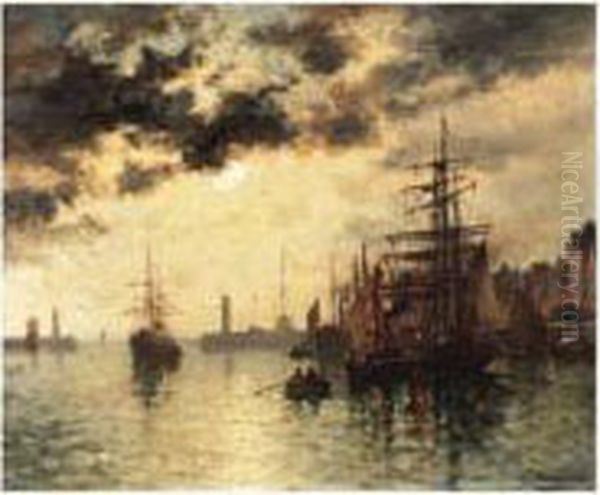 Trois Mats Sortant Du Port Au Clair De Lune Oil Painting by Louis Timmermans