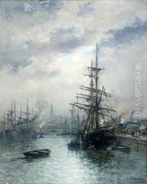 Shipping In Harbour At Dusk Oil Painting by Louis Timmermans