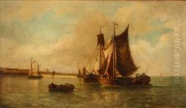 Ships Anchored In A Coastal Inlet Oil Painting by Louis Timmermans