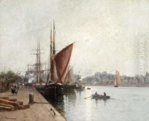 Sailing Ships Docked At A Port Oil Painting by Louis Timmermans