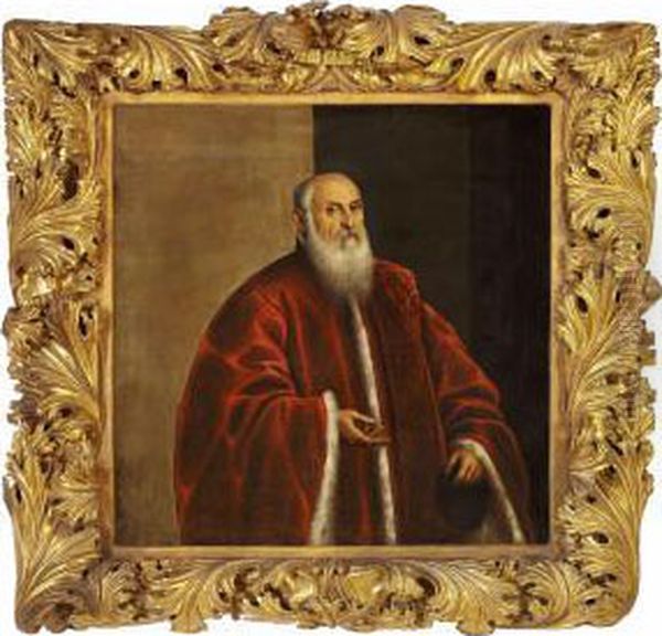 Portrait Of A Bearded Man In A Red Fur-trimmed Coat Oil Painting by Domenico Tintoretto