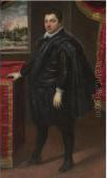 Portrait Of A Gentleman, Full-length, Wearing A Black Cape, A Window Beyond To The Left Oil Painting by Domenico Tintoretto