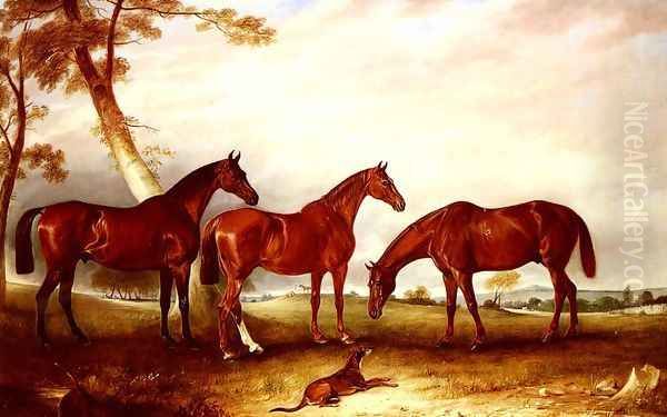 Marvel, KingFisher And The Lad, Three Hunters Belonging To William Angerstein, In A Field With His Dog Spring Oil Painting by John Snr Ferneley