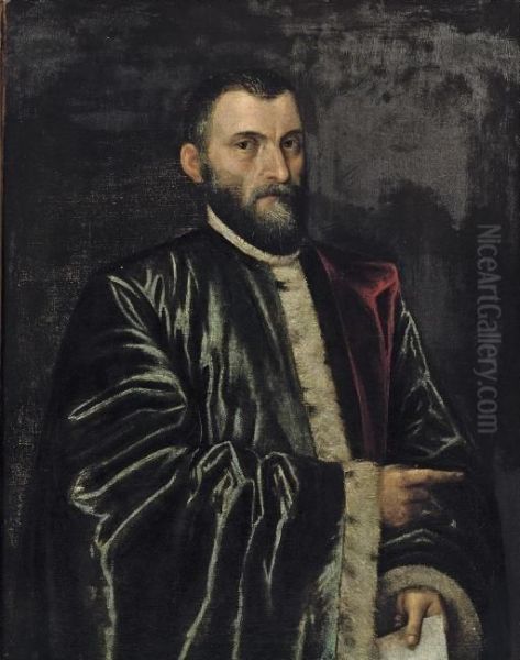 Portrait Of A Senator, 
Half-length, In A Blue-lined Robe, Holding A Document In His Left Hand Oil Painting by Domenico Tintoretto