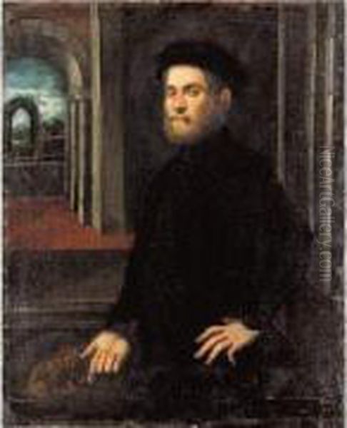 Portrait D'homme Devant Un Palais Oil Painting by Domenico Tintoretto