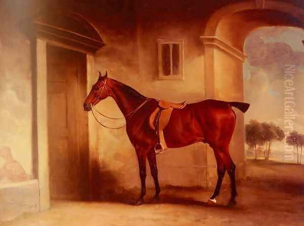 A Saddled Bay Hunter In A Stableyard Oil Painting by John Snr Ferneley