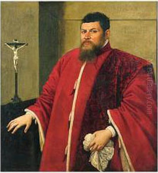 Portrait Of A Venetian Senator, Standing Beside A Table Oil Painting by Domenico Tintoretto