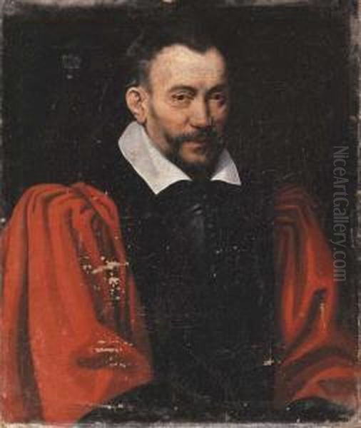 Portrait Of A Gentleman, Bust-length, In A Red Shirt And Black Waistcoat Oil Painting by Domenico Tintoretto