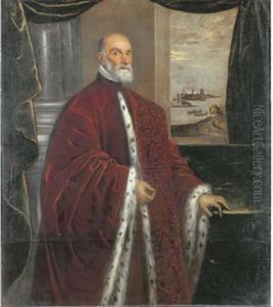 Portrait Of A Venetian Senator, 
Three-quarter-length, In Robes Of Office, By A Green Curtain With A 
Venetian Landscape Beyond Oil Painting by Domenico Tintoretto