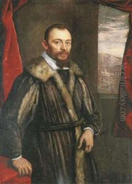 Portrait Of A Gentleman, Said To
 Be Vincenzo Morosini, Three-quarter-length, In A Fur-trimmed Coat, 
Before A Red Curtain, A Landscape Beyond The Window Oil Painting by Domenico Tintoretto