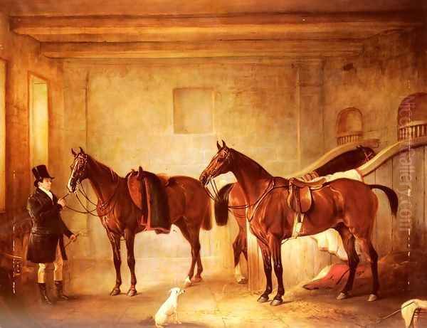 Sir John Thorold's Bay Hunters With Their Groom In A Stable Oil Painting by John Snr Ferneley