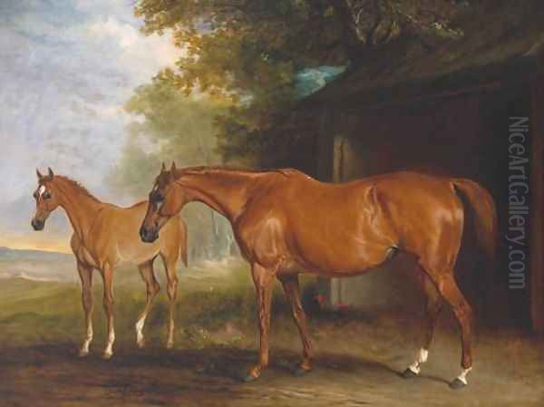 Defiance, a Brood Mare, with Reveller, a Foal Oil Painting by John Snr Ferneley