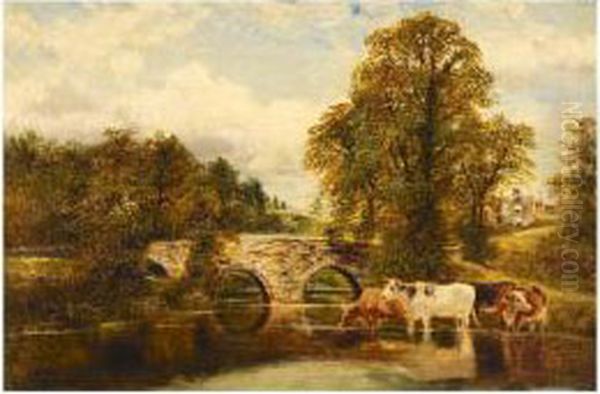 Cows Watering On The River Frome, Stapleton Oil Painting by William Vivian Tippet