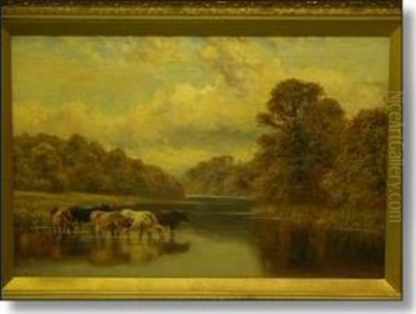 Cattle Watering In River Landscape by William Vivian Tippet