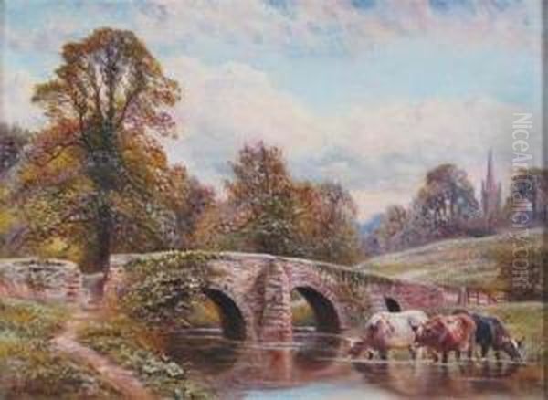 Cattle Watering By A Bridge Oil Painting by William Vivian Tippet