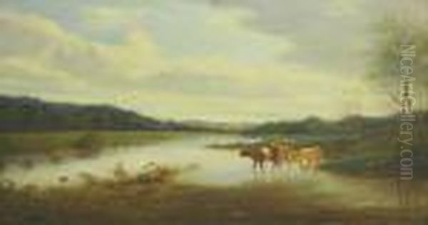 Tippet Cattle Inthe River Oil Painting by William Vivian Tippet