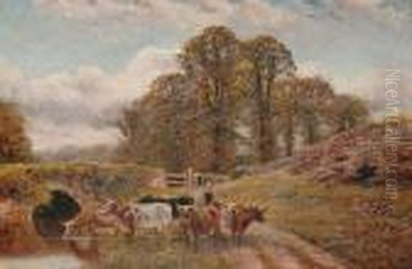 Country Landscape With Drover And Cattle, A River In The Foreground Oil Painting by William Vivian Tippet