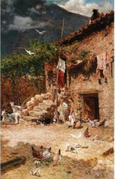 Children In The Farmyard Oil Painting by Aurelio Tiratelli