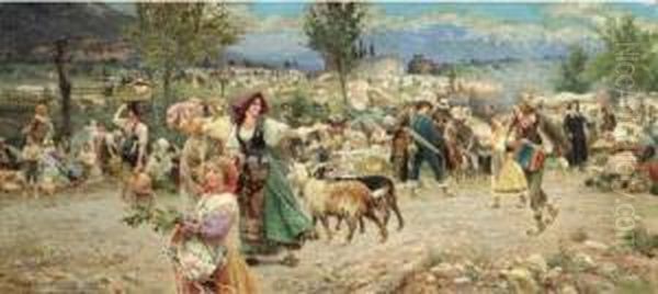 The Village Procession Oil Painting by Aurelio Tiratelli