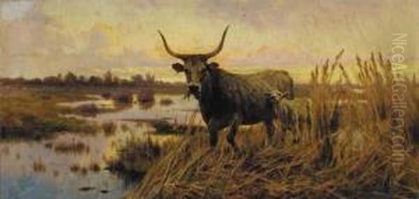 Water Buffalo In The Roman Campagna Oil Painting by Aurelio Tiratelli