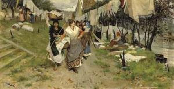 Laundry Day Oil Painting by Cesare Tiratelli