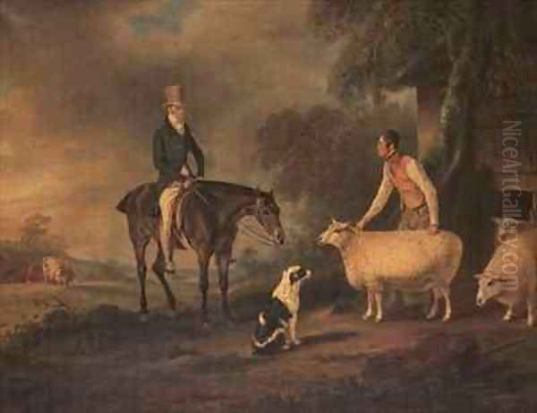 Sir John Palmer on his favourite mare with shepherd Joseph Green and prize Leicester Longwool sheep Oil Painting by John Snr Ferneley