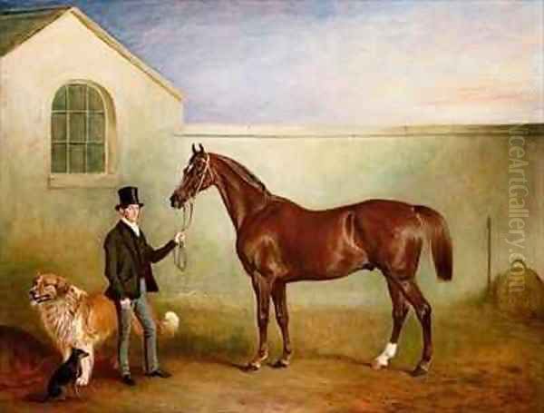 Mr Meakin holding Sir Robert Peels Chestnut Hunter with his dogs Hector and Jem Oil Painting by John Snr Ferneley