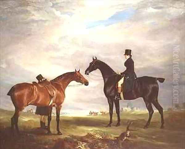 Frank Hall Standish on his Black Hunter with a Groom and a Second Horse Oil Painting by John Snr Ferneley