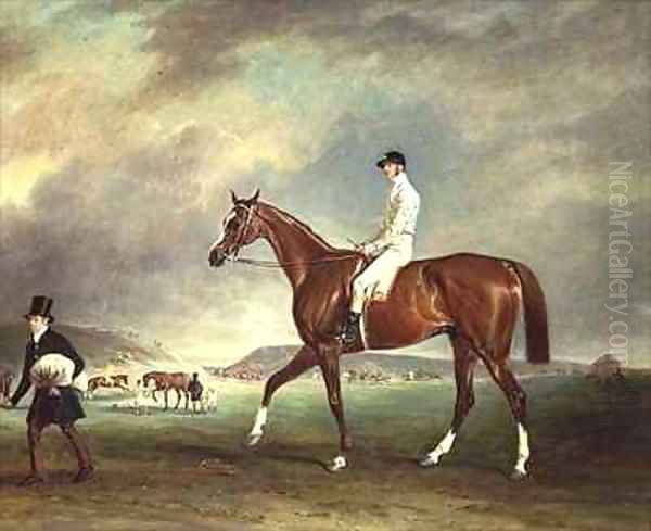 The Cur chestnut racehorse with jockey up on Newmarket Heath Oil Painting by John Snr Ferneley